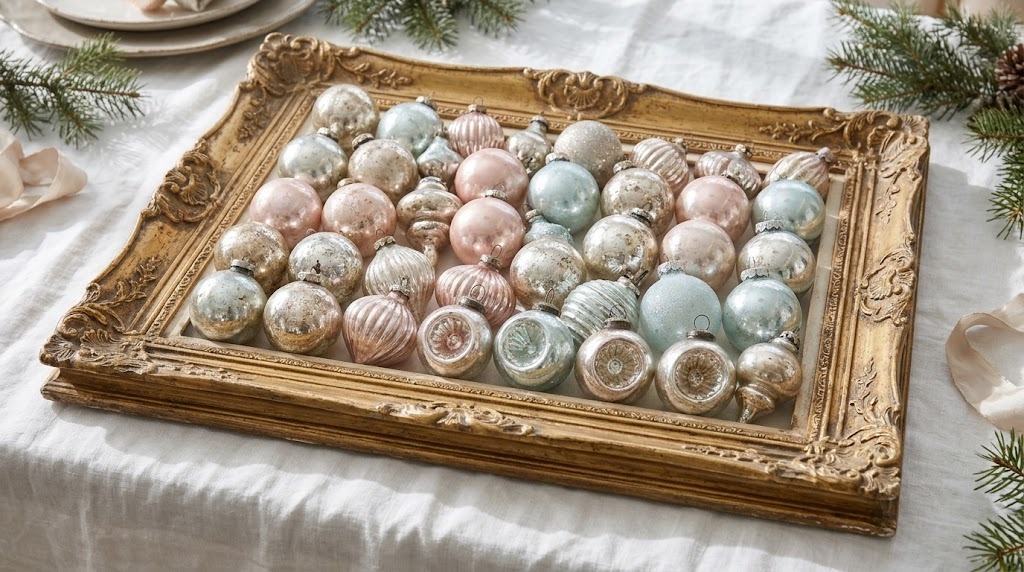 Gold painted picture frame used as a tray filled with vintage style glass ornaments