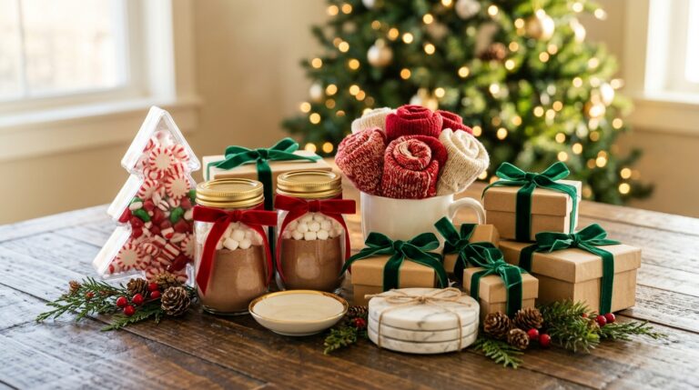 Dollar store Christmas gifts piled on a wooden table: tree treat box, gold rim cocoa jars, sock bouquet mug and velvet ribbon boxes