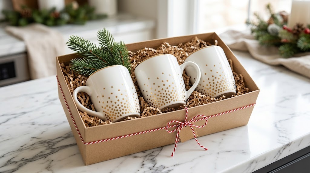 Dollar Store Christmas Decor white mugs painted with gold dots in a kraft gift box