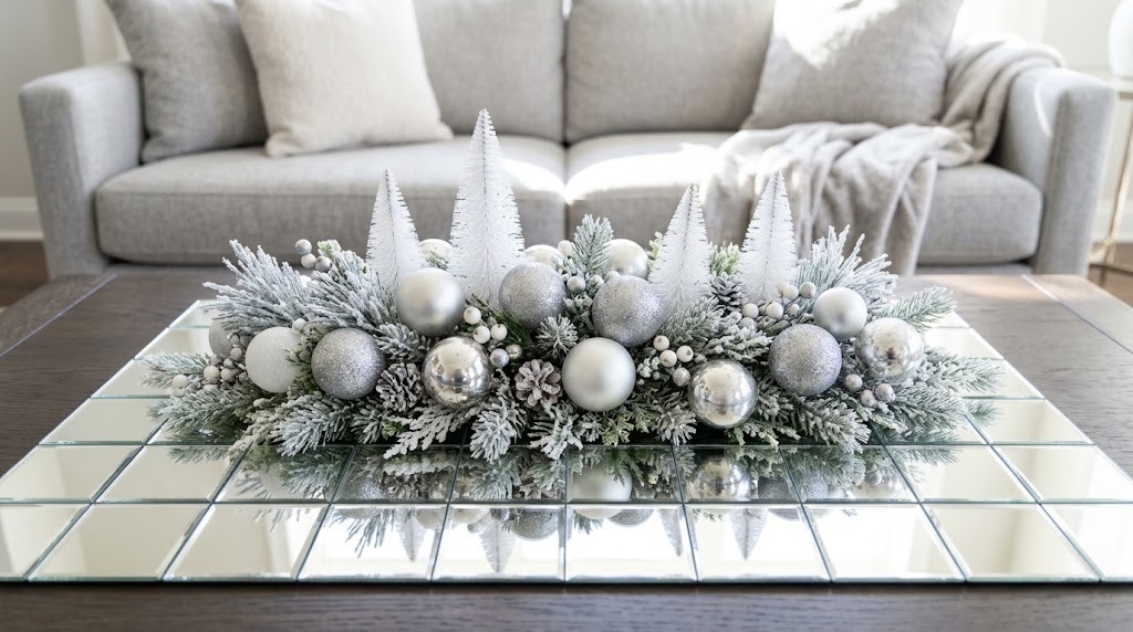 Dollar Store Christmas Decor coffee table centerpiece of silver ornaments and frosted pine set on mirror tiles