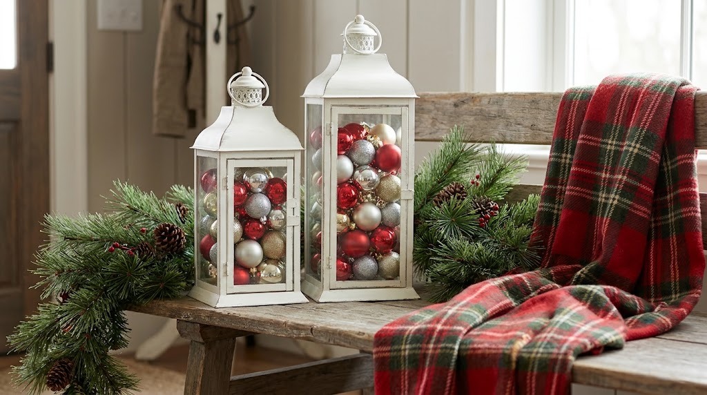 Dollar Store Christmas Decor white lanterns filled with red, silver and gold ornaments on a wooden bench
