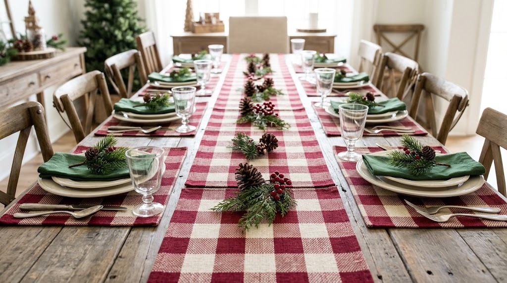 Red and cream buffalo check placemats joined into a long Christmas table runner on a farmhouse table