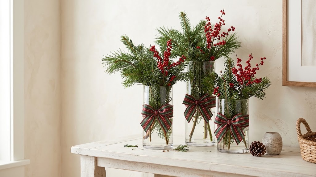 Three glass vases wrapped in red and green plaid ribbon holding pine branches and red berries