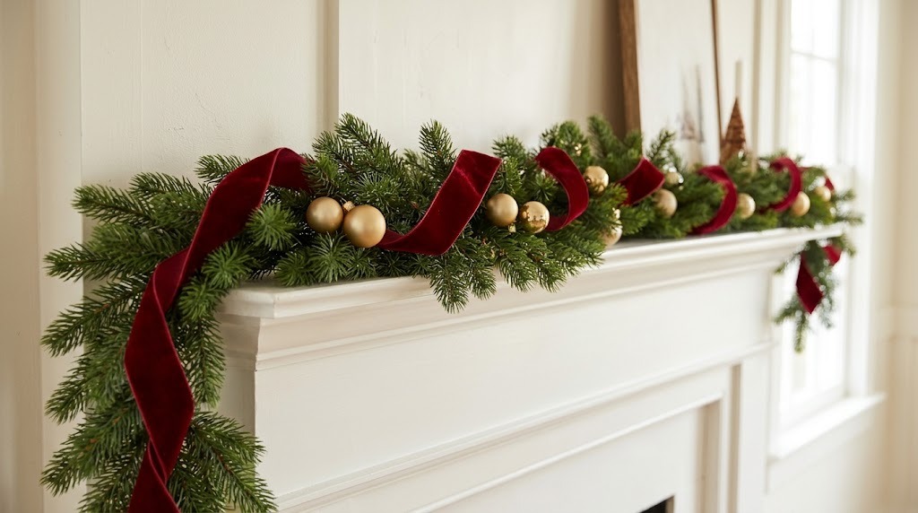 Faux pine garland wrapped with deep red velvet ribbon and gold ornaments on a white mantel