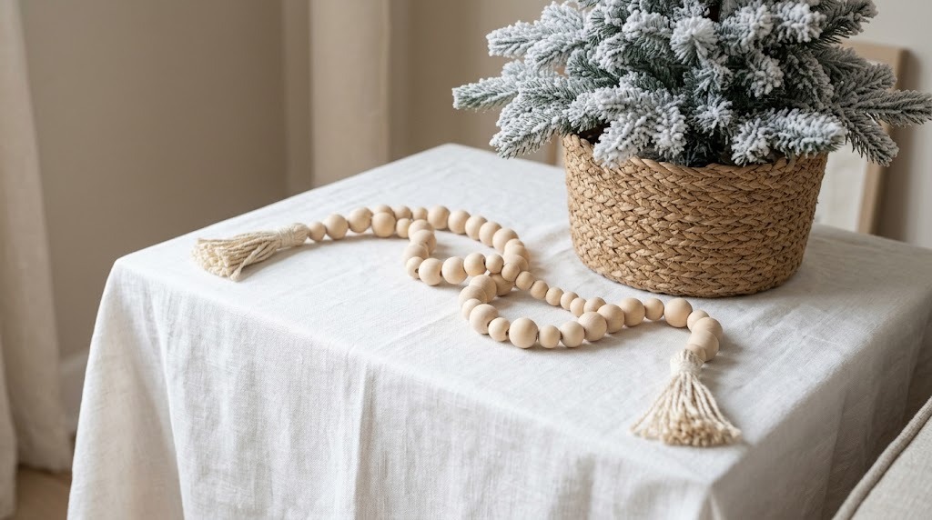 Dollar Store Christmas Decor wooden bead garland with cream jute tassels beside a flocked tree in a basket
