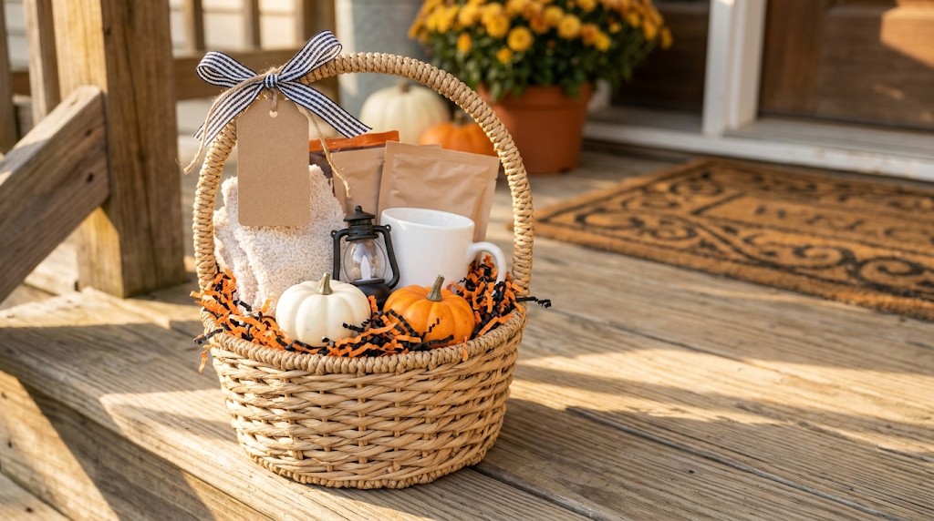 Dollar store decor idea: woven boo basket with fuzzy socks, a white mug, mini pumpkins and an LED lantern on a sunny porch step