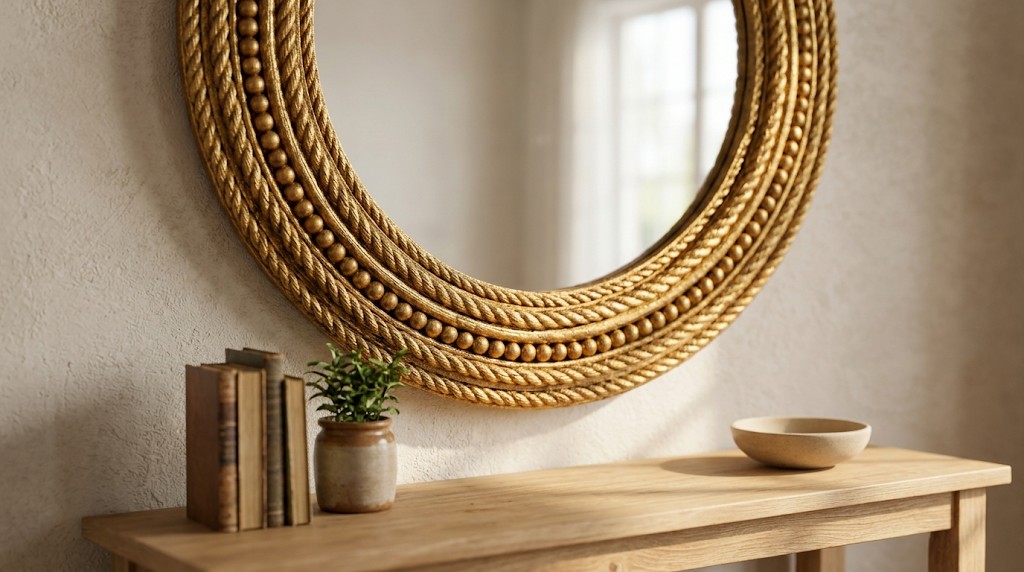 Dollar store decor idea: round wall mirror with a chunky gold rope and bead frame above a light wood console table