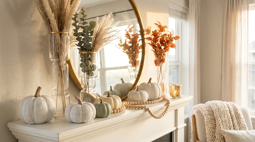 Dollar store decor: gold-rimmed stacked glass vases, textured white pumpkins and a round gold mirror on a sunny fall mantel