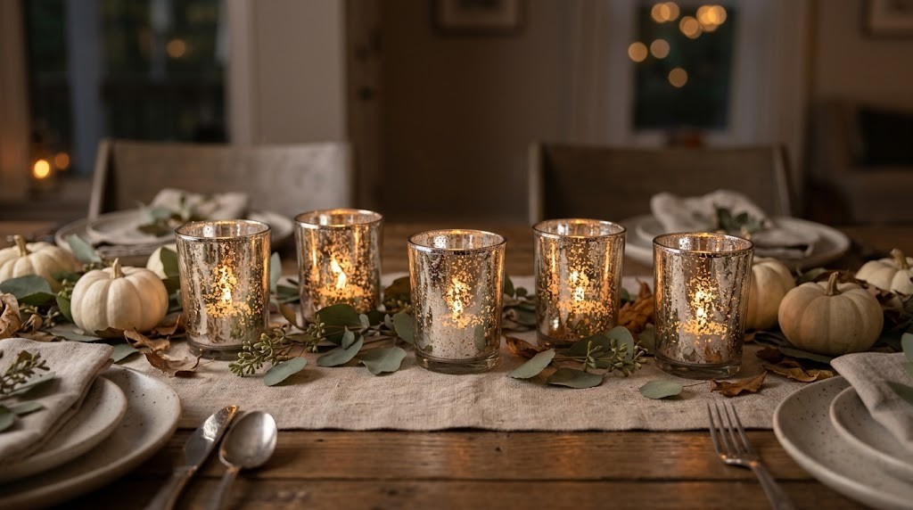 Row of faux mercury glass votive holders glowing with LED tea lights on a fall dinner table