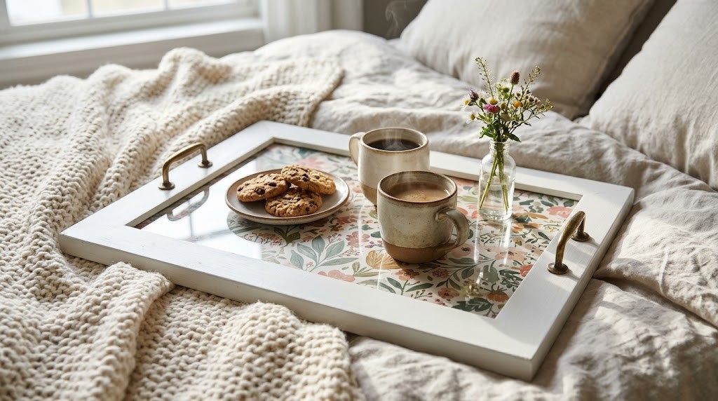 Dollar store decor idea: white picture frame serving tray with floral paper and brass handles holding coffee and cookies on a bed