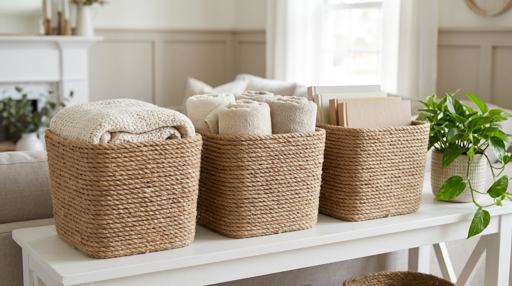 Dollar store decor idea: three storage bins wrapped in natural jute rope holding a throw, towels and books on a white shelf