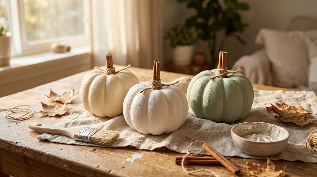 Dollar store decor idea: three foam pumpkins with a chalky textured finish in cream, white and sage green with cinnamon stick stems