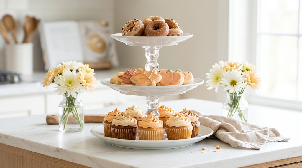 Three tier treat stand made from white plates and glass candlesticks holding cupcakes, cookies and donuts