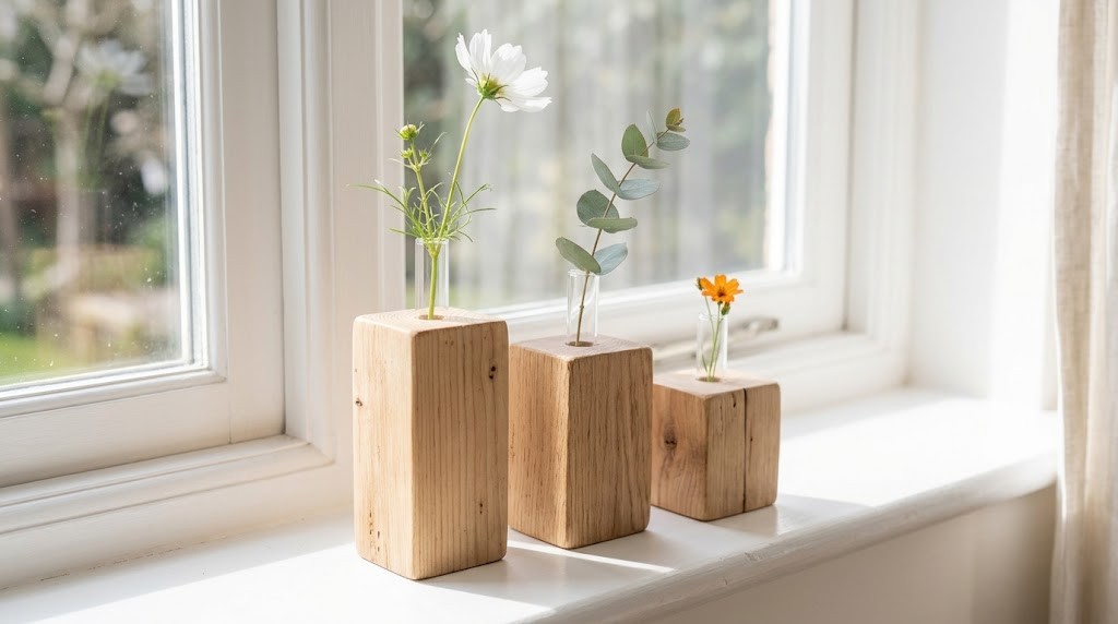 Three wood block bud vases with glass tubes and single flower stems on a sunny windowsill