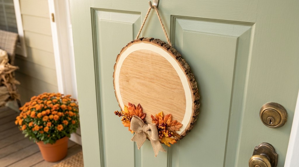 Wood round sign with faux autumn leaves and a burlap bow hanging on a sage green front door