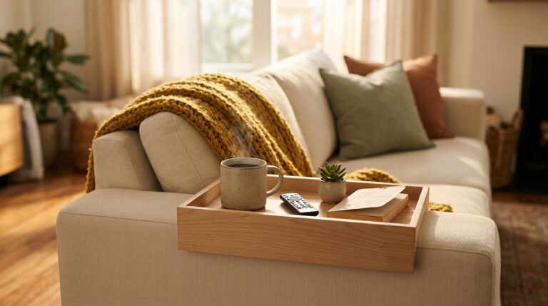 Dollar store storage idea: a wooden tray on a sofa arm holding a mug, remote and small plant