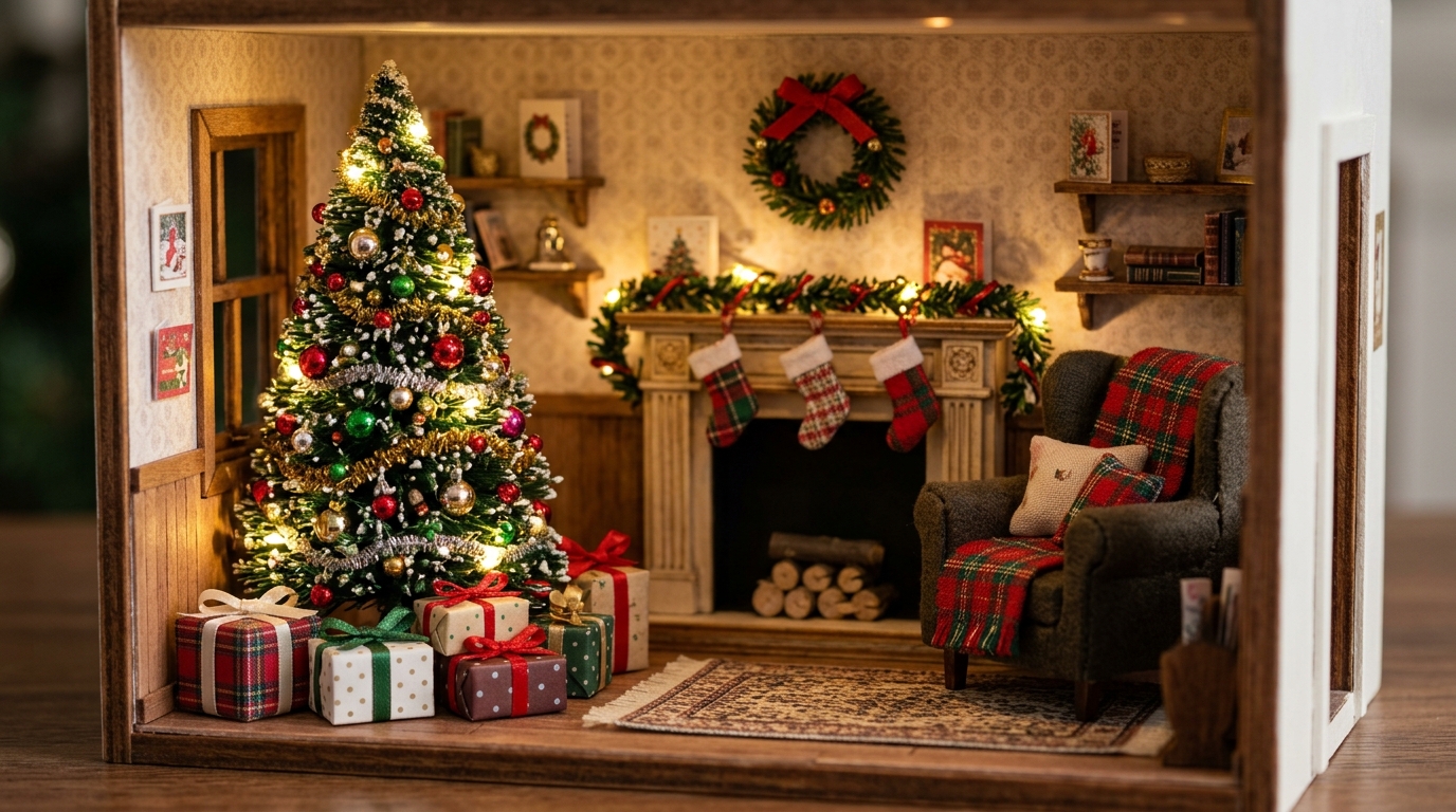 Amy Sedaris Christmas crafts style dollhouse living room with a tiny tree, tiny gifts and tiny stockings