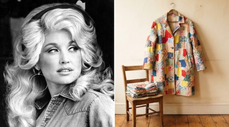 Dolly Parton patchwork: young Dolly Parton beside an AI image of a colorful patchwork coat on a wooden hanger