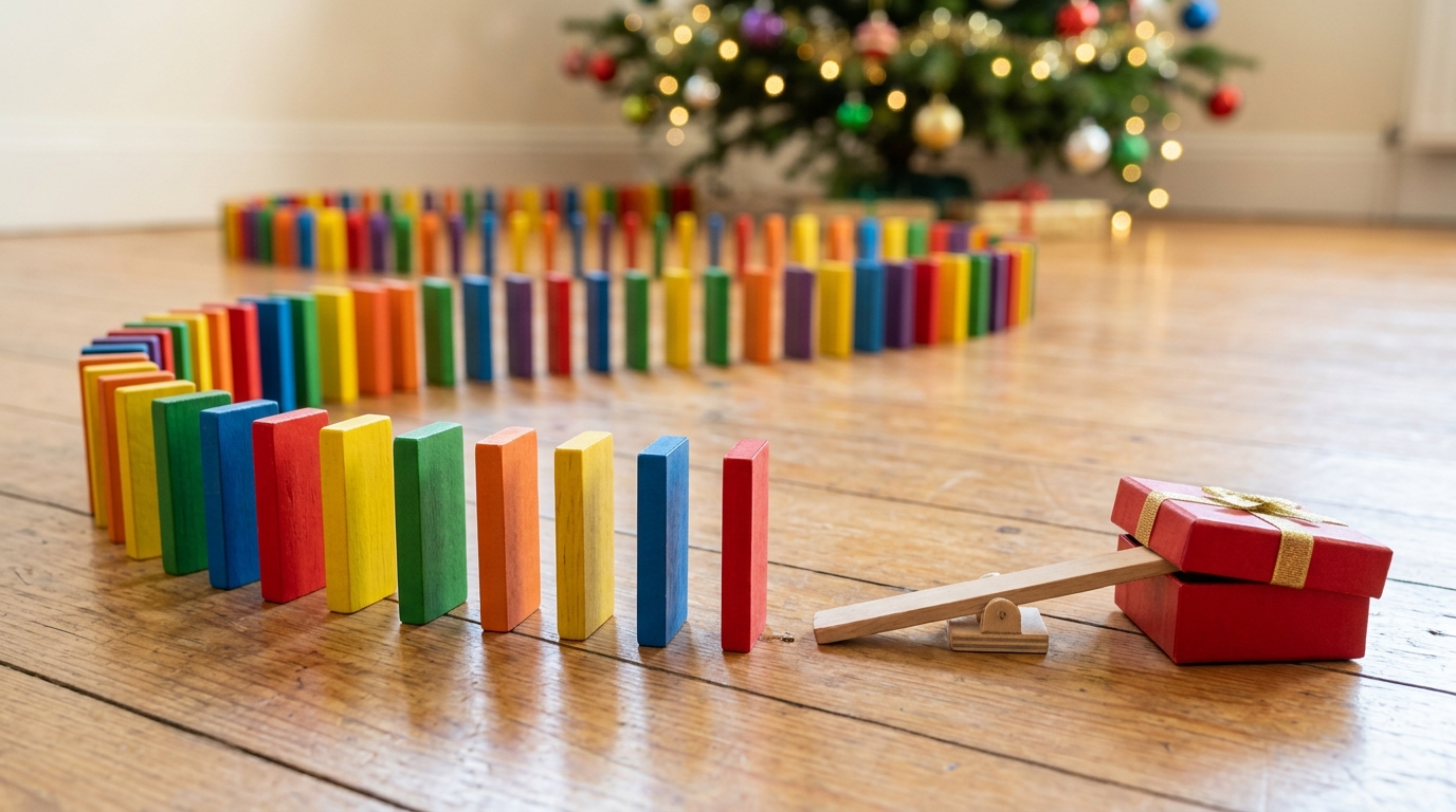Curving line of colorful wooden dominoes leading to a small lever under a red gift box lid