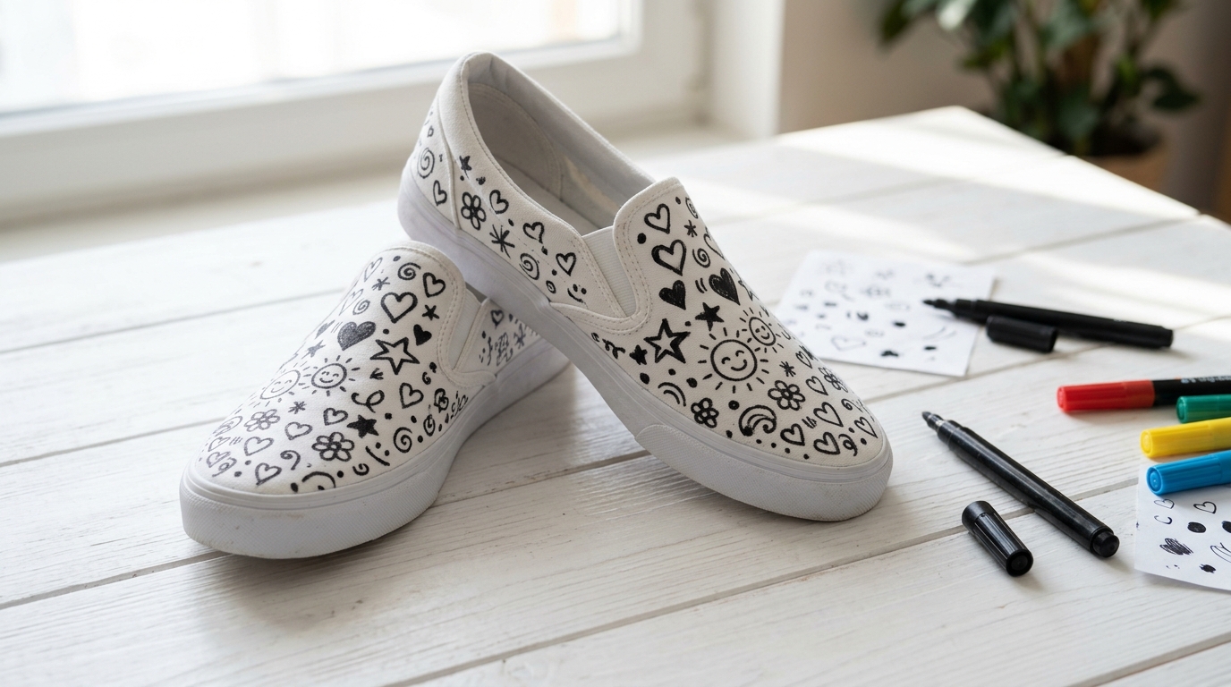 White canvas shoes covered in fabric marker doodles, a fun painted shoes idea
