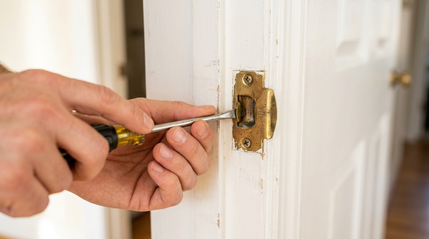 Hands bending the tab of a brass strike plate with a flat screwdriver
