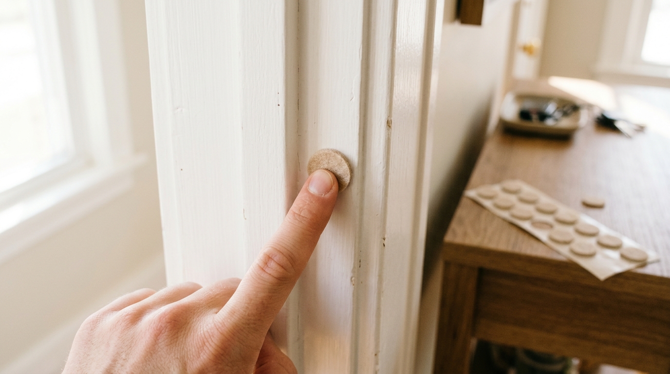 Fingertip pressing a round felt bumper pad onto the edge of a white door frame