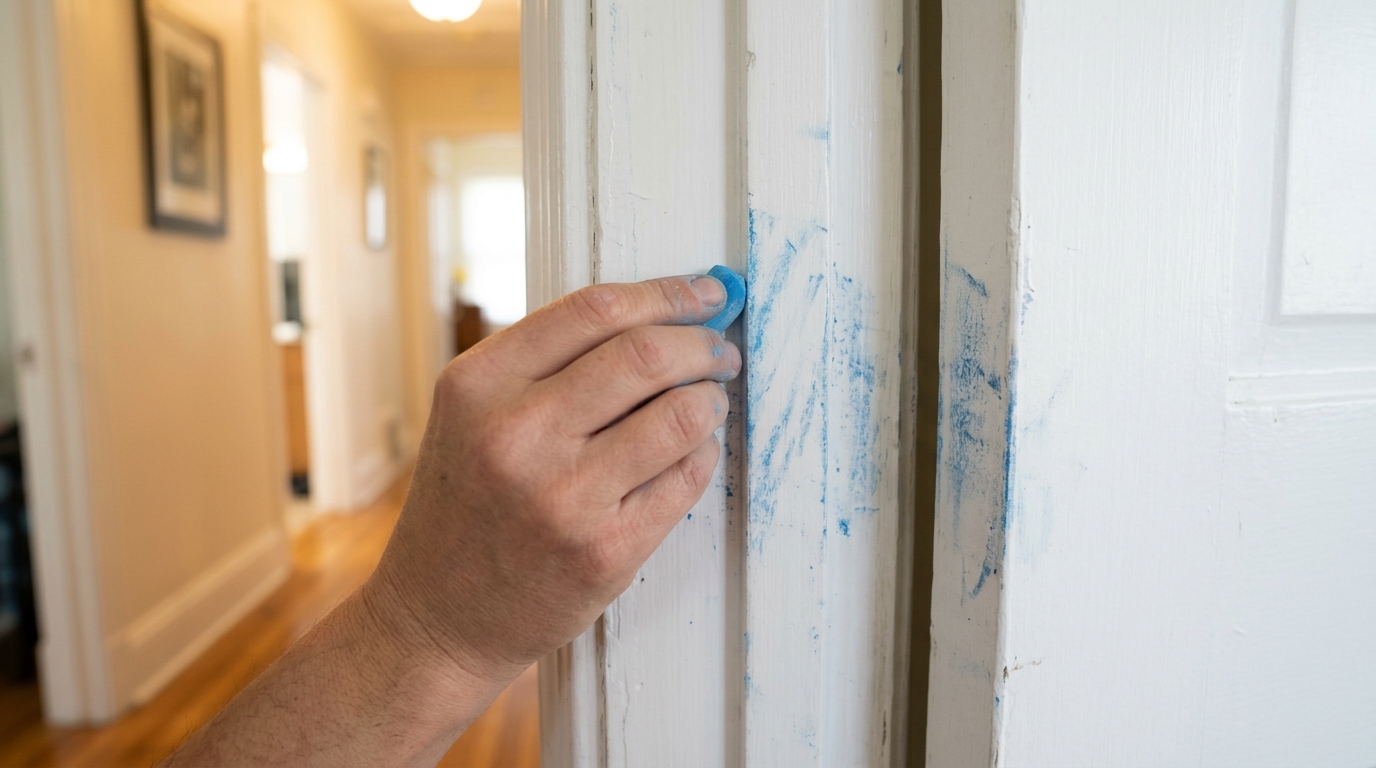 Sticky Door Fixes hand rubbing blue chalk along a white door frame to find where the door rubs