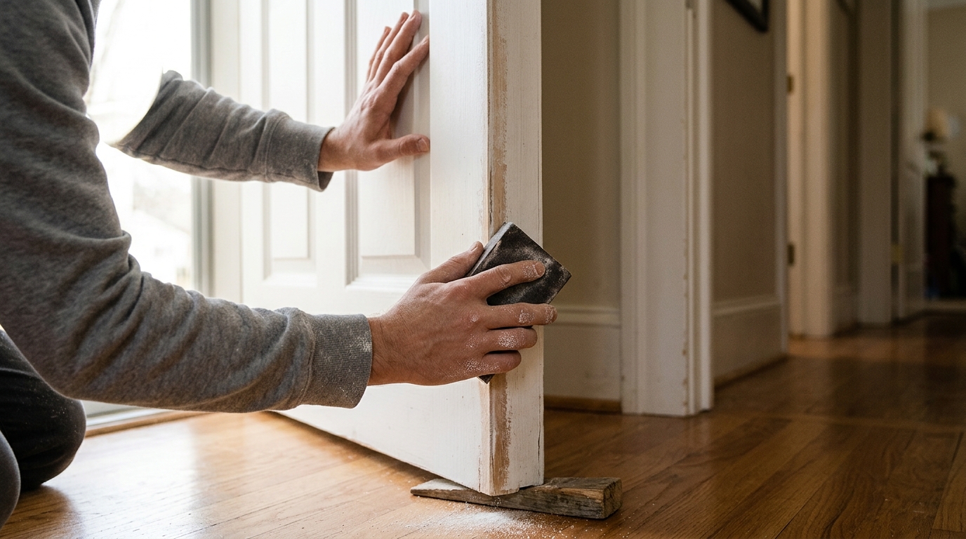 Sticky Door Fixes hands sanding the edge of a white interior door with a sanding block