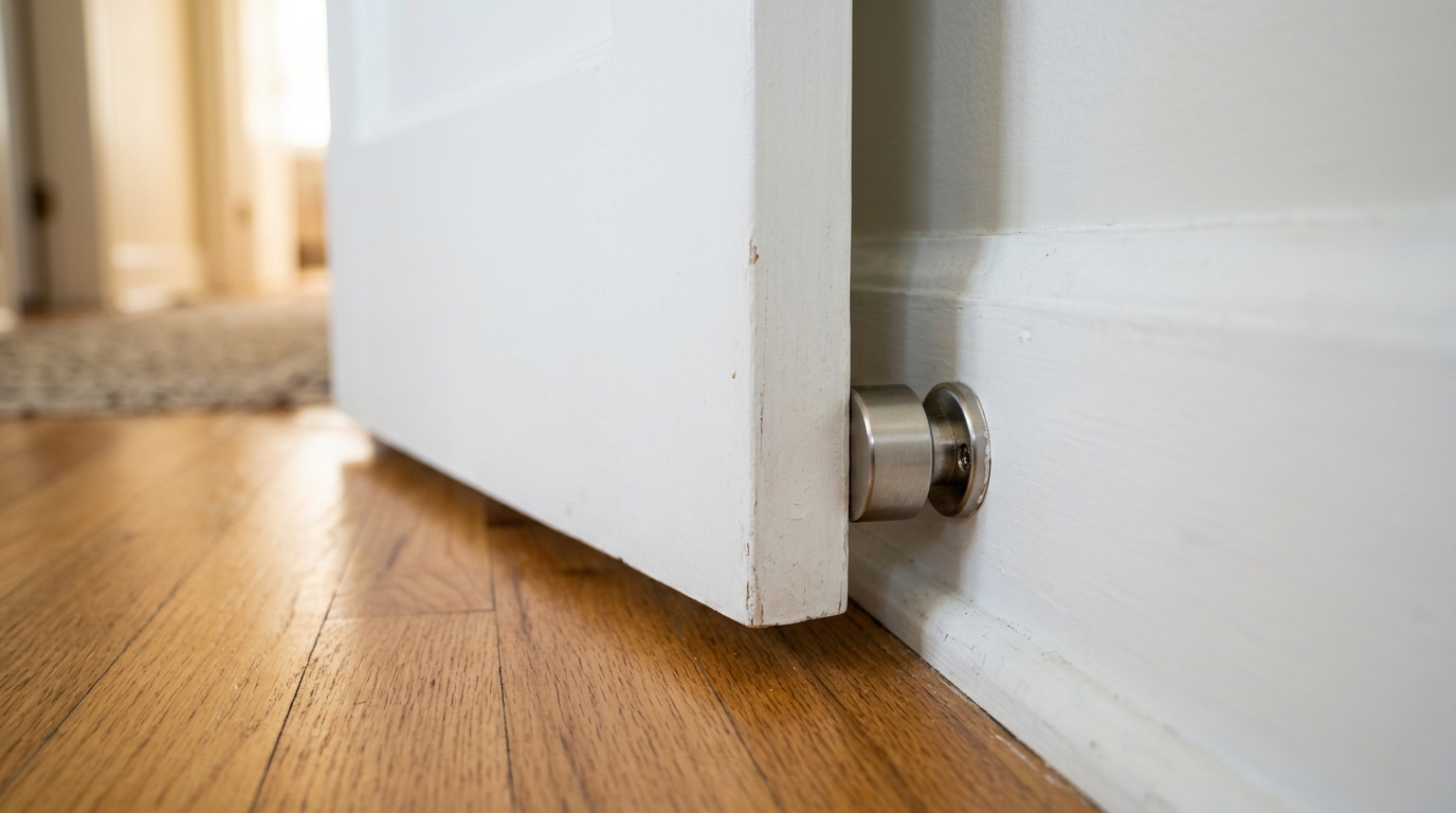 Round magnetic door stop holding a white door open against the baseboard