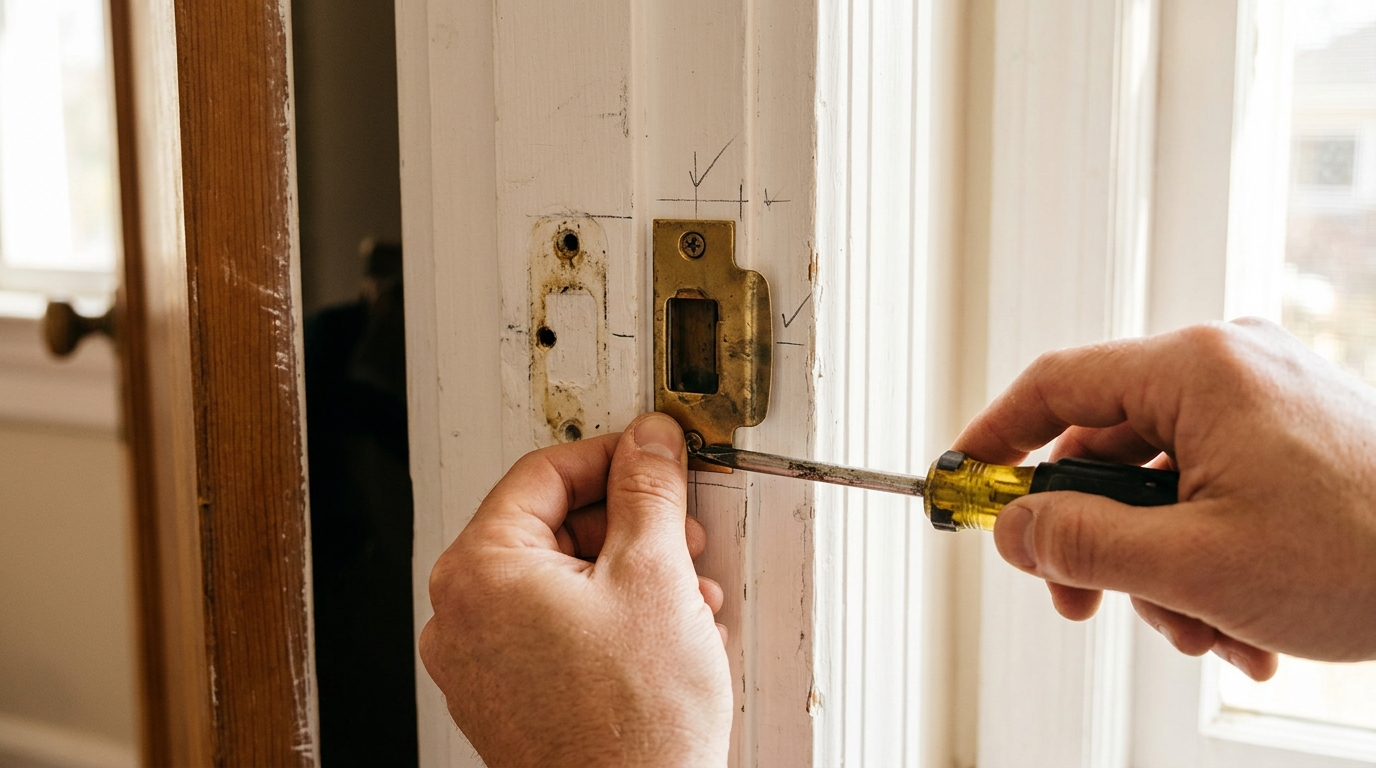 Sticky Door Fixes hands moving a brass strike plate on a white door frame with a screwdriver