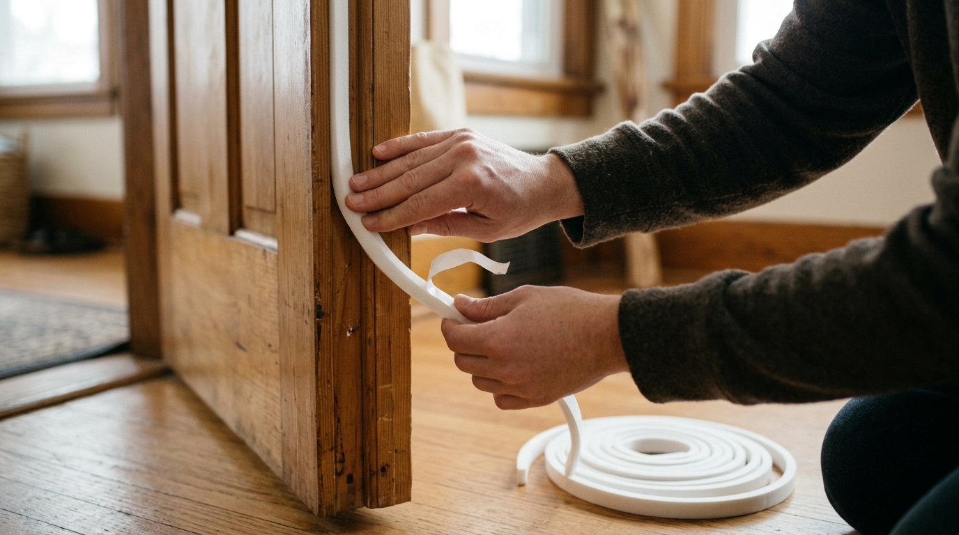 Hands pressing white foam weatherstrip tape into a wooden door frame
