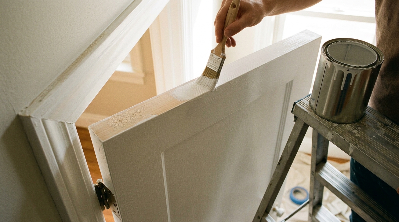 Hand brushing white paint on the sanded top edge of a white interior door