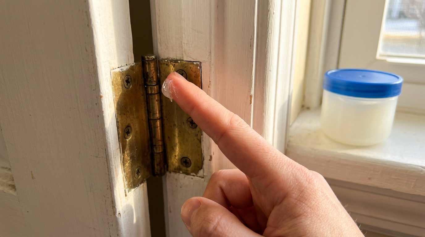 Finger applying petroleum jelly to a brass door hinge pin on a white door
