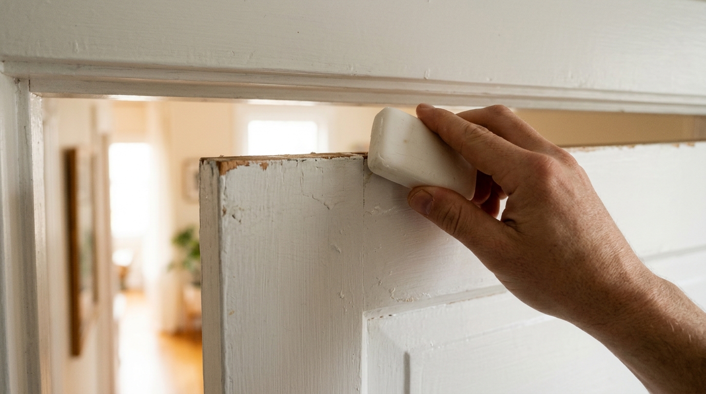 Hand rubbing a bar of soap along the top edge of a white wooden door