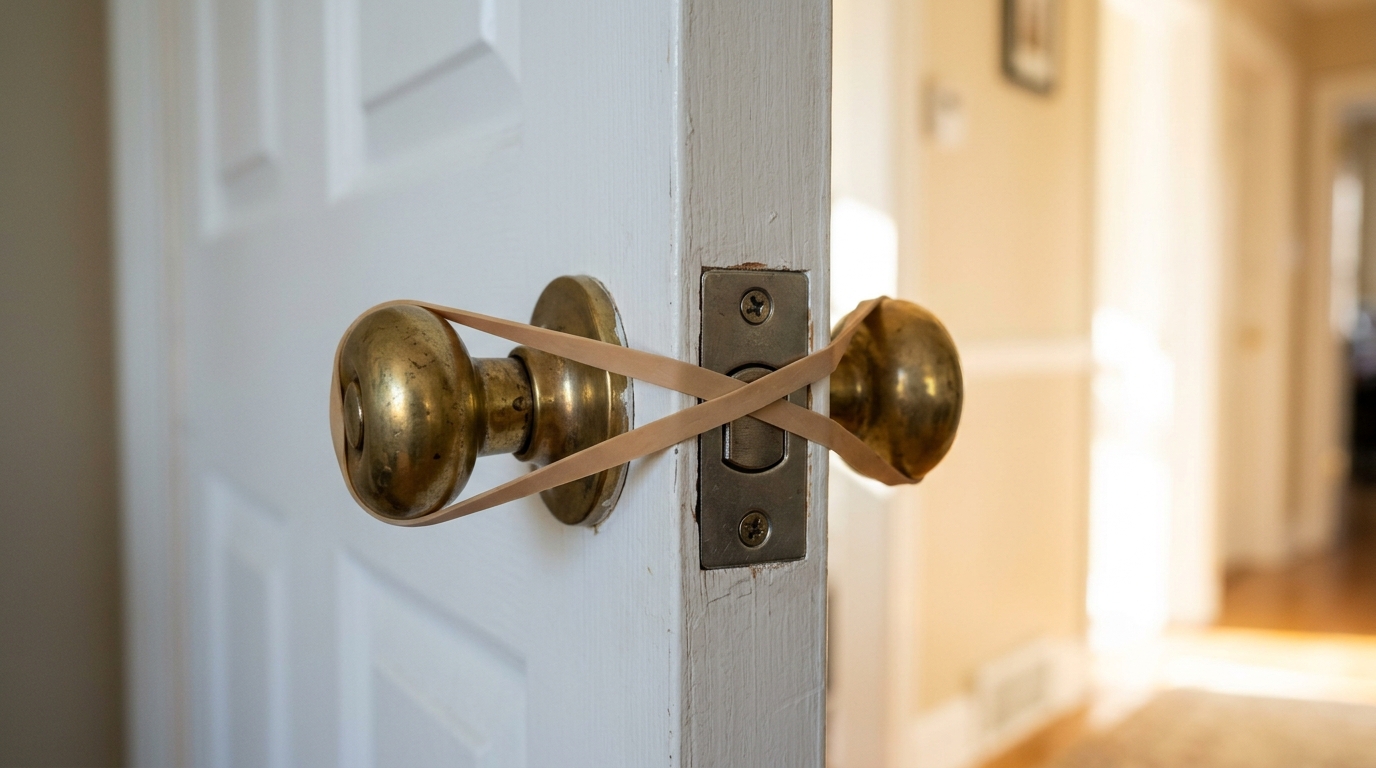 Sticky Door Fixes rubber band looped in a figure eight over two brass door knobs to hold the latch in