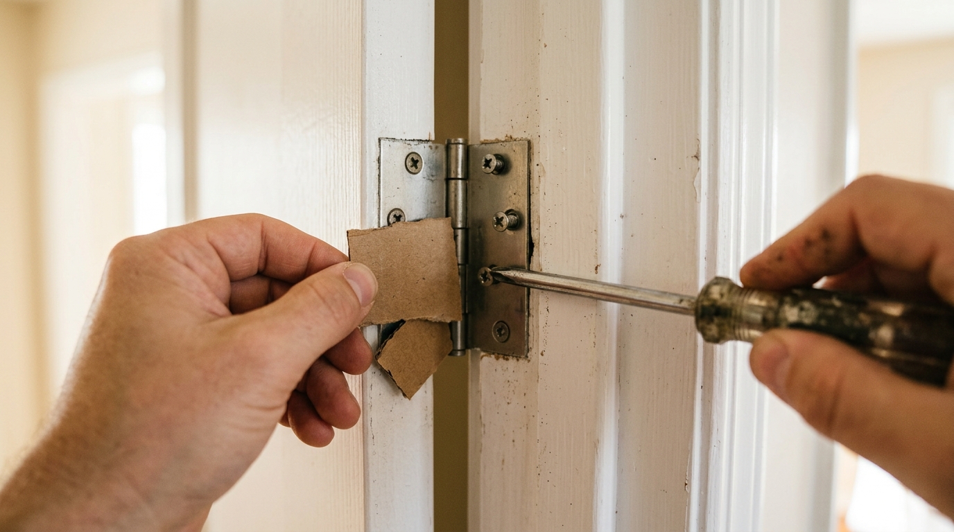 Sticky Door Fixes cardboard shim placed behind a door hinge leaf to lift a sagging door