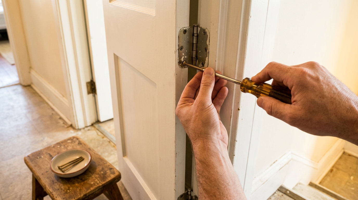 Hands driving a long wood screw into the top hinge of a white interior door