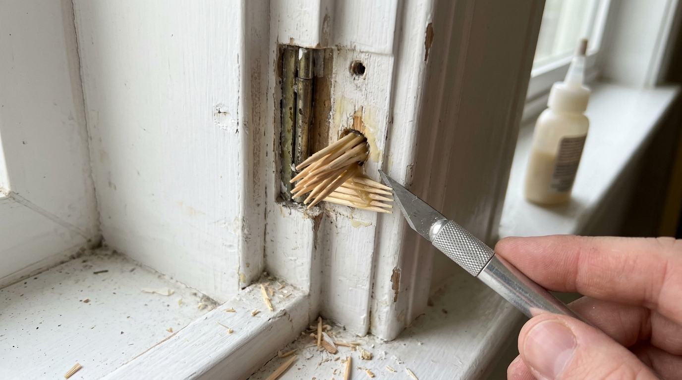 Wooden toothpicks with wood glue filling a stripped screw hole in a white door frame