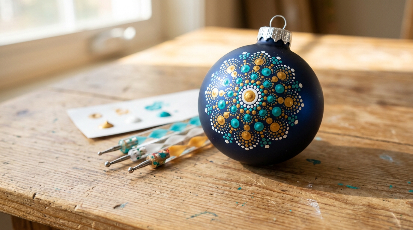Navy bauble with a white, gold and turquoise dot mandala