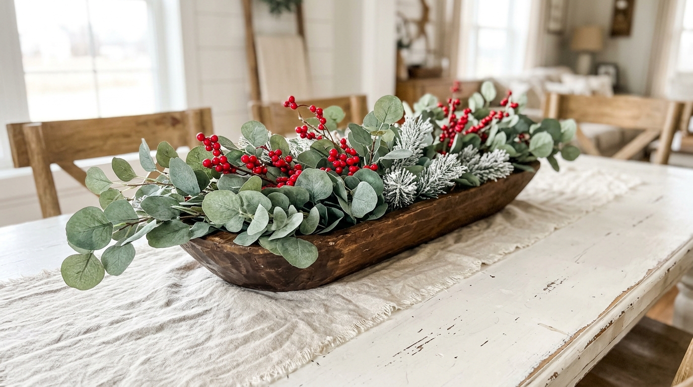 Eucalyptus stems, red berry picks and frosted greenery arranged in a long rustic bowl on a white table runner