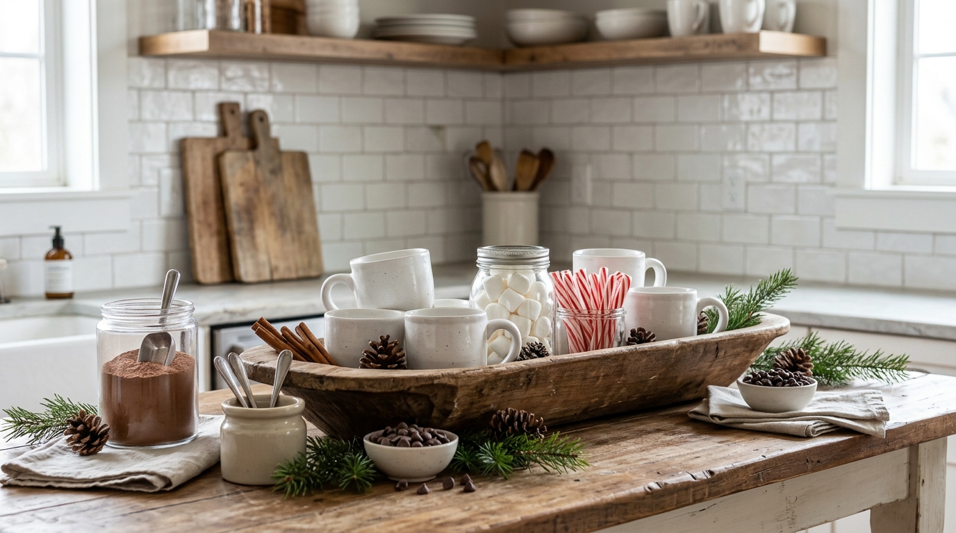 A dough bowl hot cocoa station with white mugs, a jar of cocoa, candy canes, cinnamon sticks and pine cones on a kitchen counter