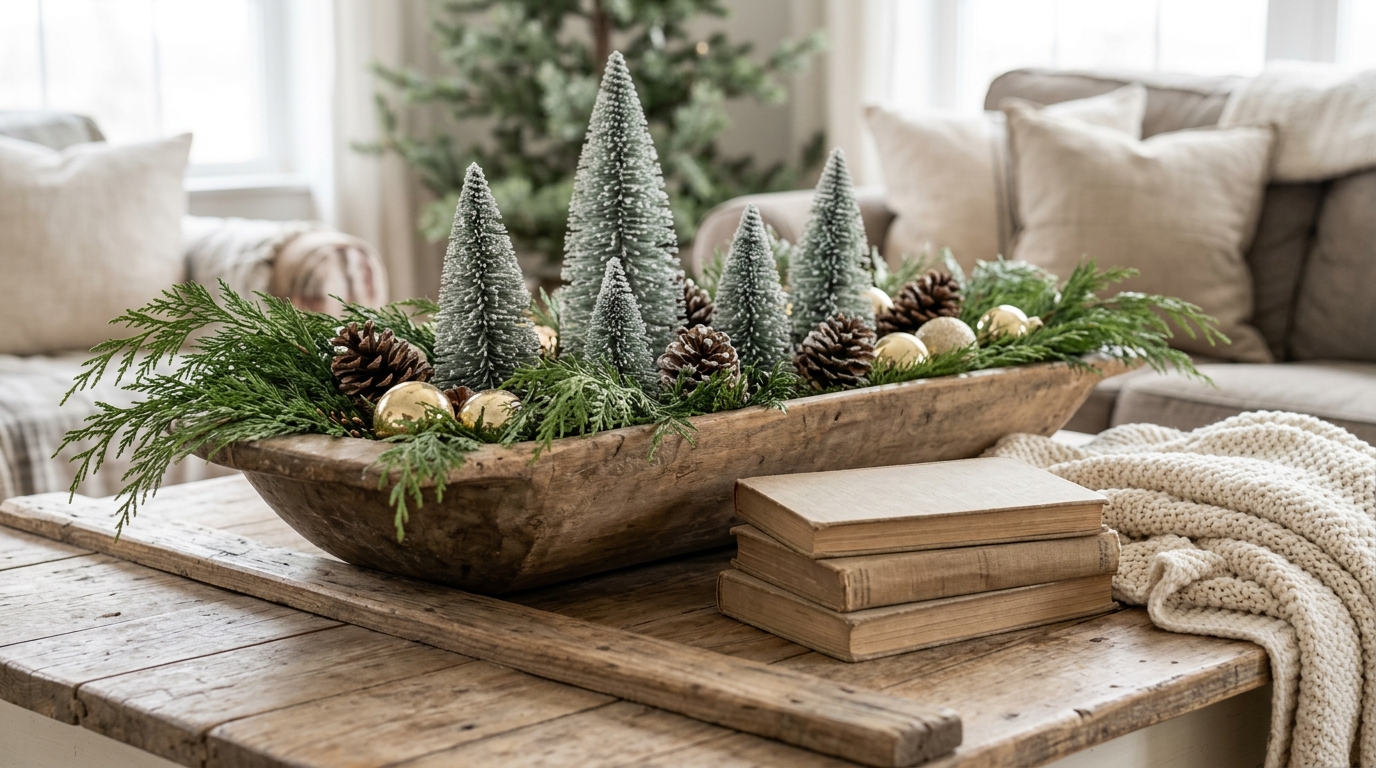 Dough Bowl Christmas Decor on a farmhouse coffee table with cedar, frosted mini trees, pine cones and stacked books