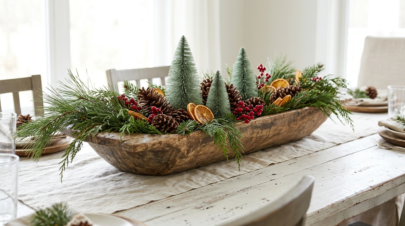 Dough Bowl Christmas Decor with pine cones, bottle brush trees, red berries and dried orange slices on a farmhouse table
