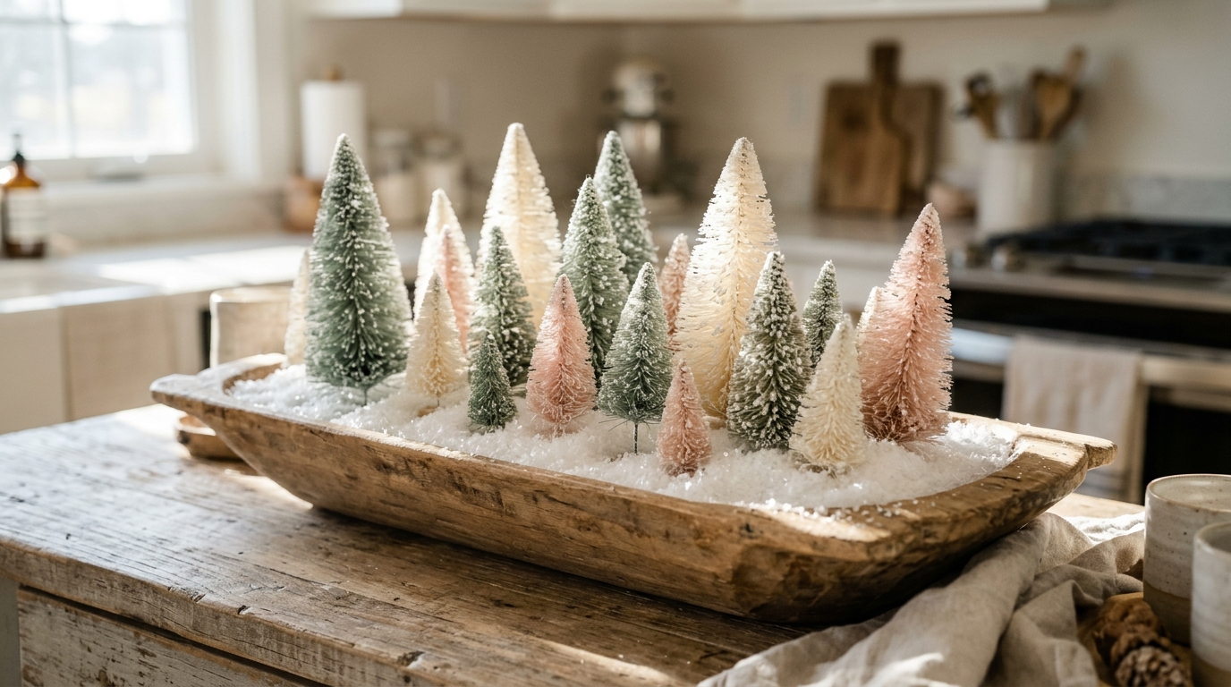 Pastel and green bottle brush trees standing in faux snow inside a wooden dough bowl on a kitchen island