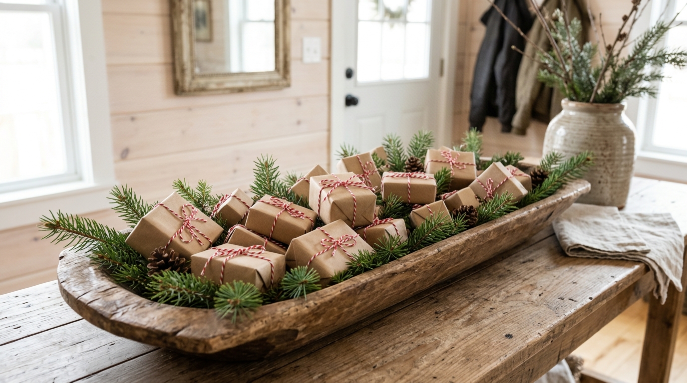 Small presents wrapped in brown kraft paper and red twine piled in a dough bowl with evergreen