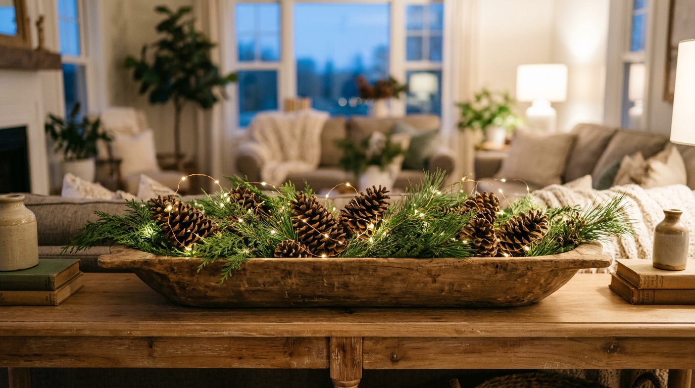 Dough Bowl Christmas Decor glowing with battery fairy lights, pine cones and evergreen on a console table