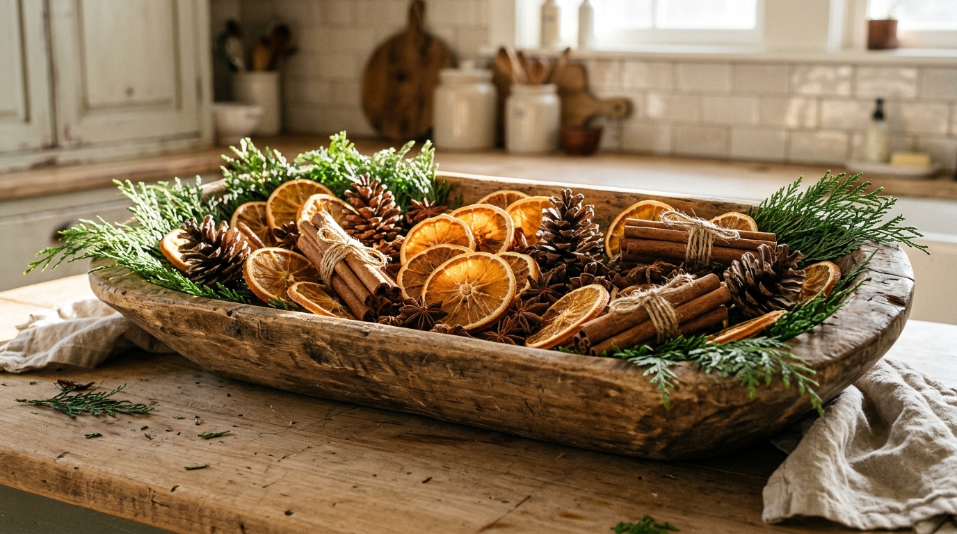 Dried orange slices, cinnamon stick bundles and pine cones with evergreen in a rustic wooden bowl