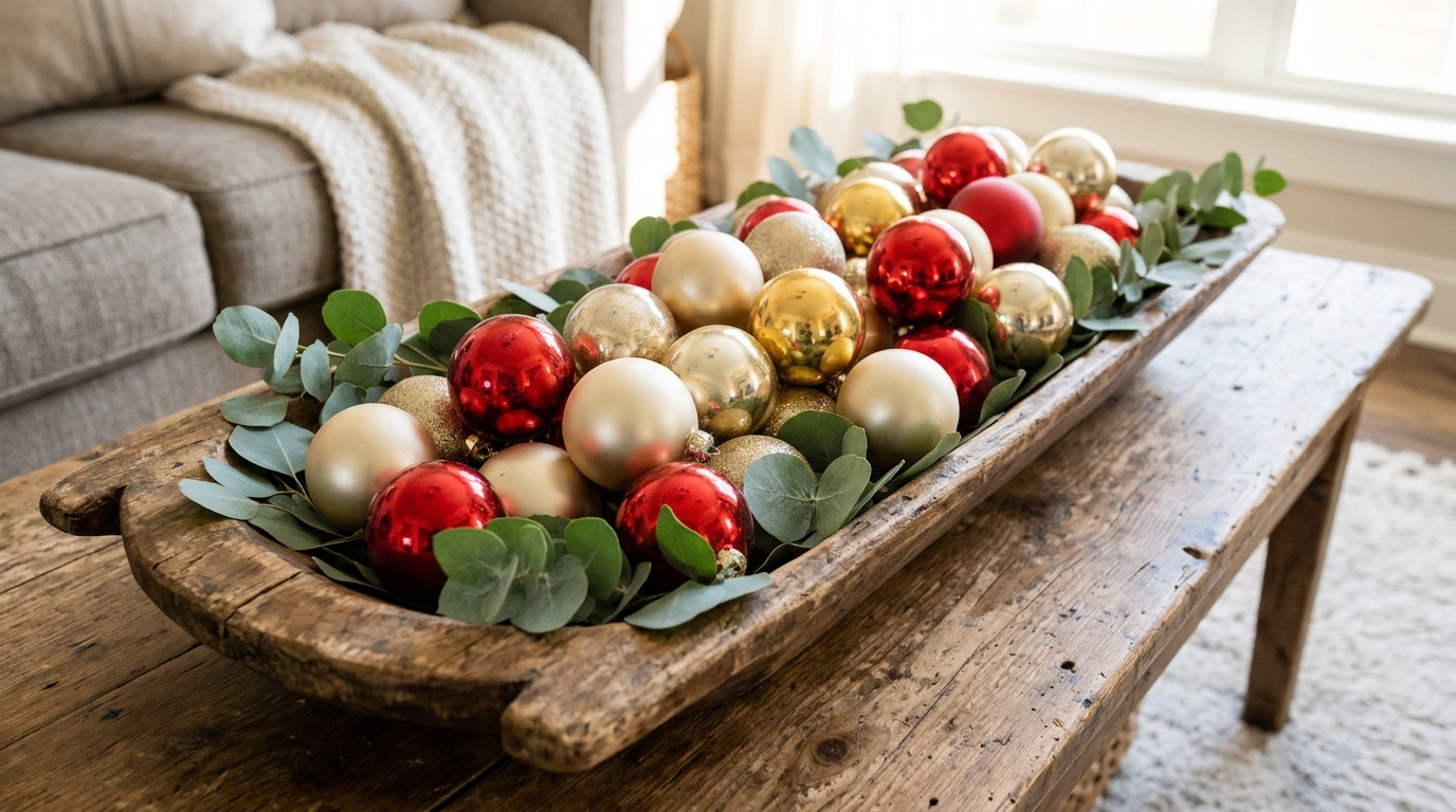 Dough Bowl Christmas Decor filled with red, gold and champagne ball ornaments and eucalyptus on a coffee table