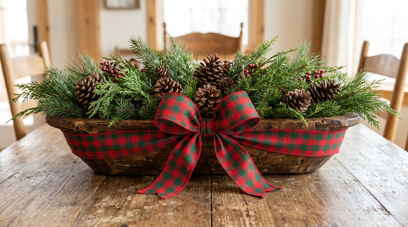 Dough Bowl Christmas Decor wrapped in red and green plaid ribbon with a big bow, pine cones and greenery