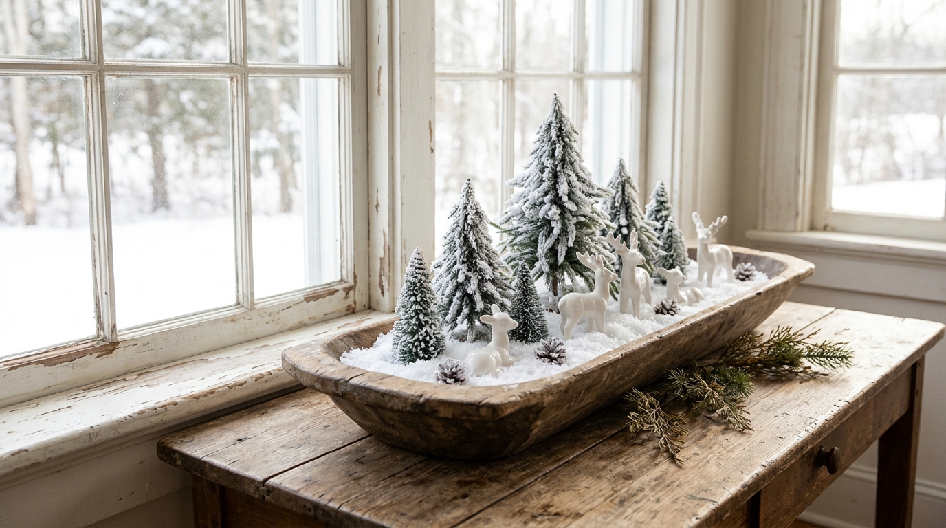 Dough Bowl Christmas Decor with flocked white trees, faux snow and small white reindeer by a snowy window